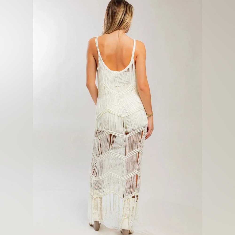 LE LIS Boho Fringe Chevron Pattern Western Maxi Dress Beach Cover Up Caftan NWT - Picture 3 of 9